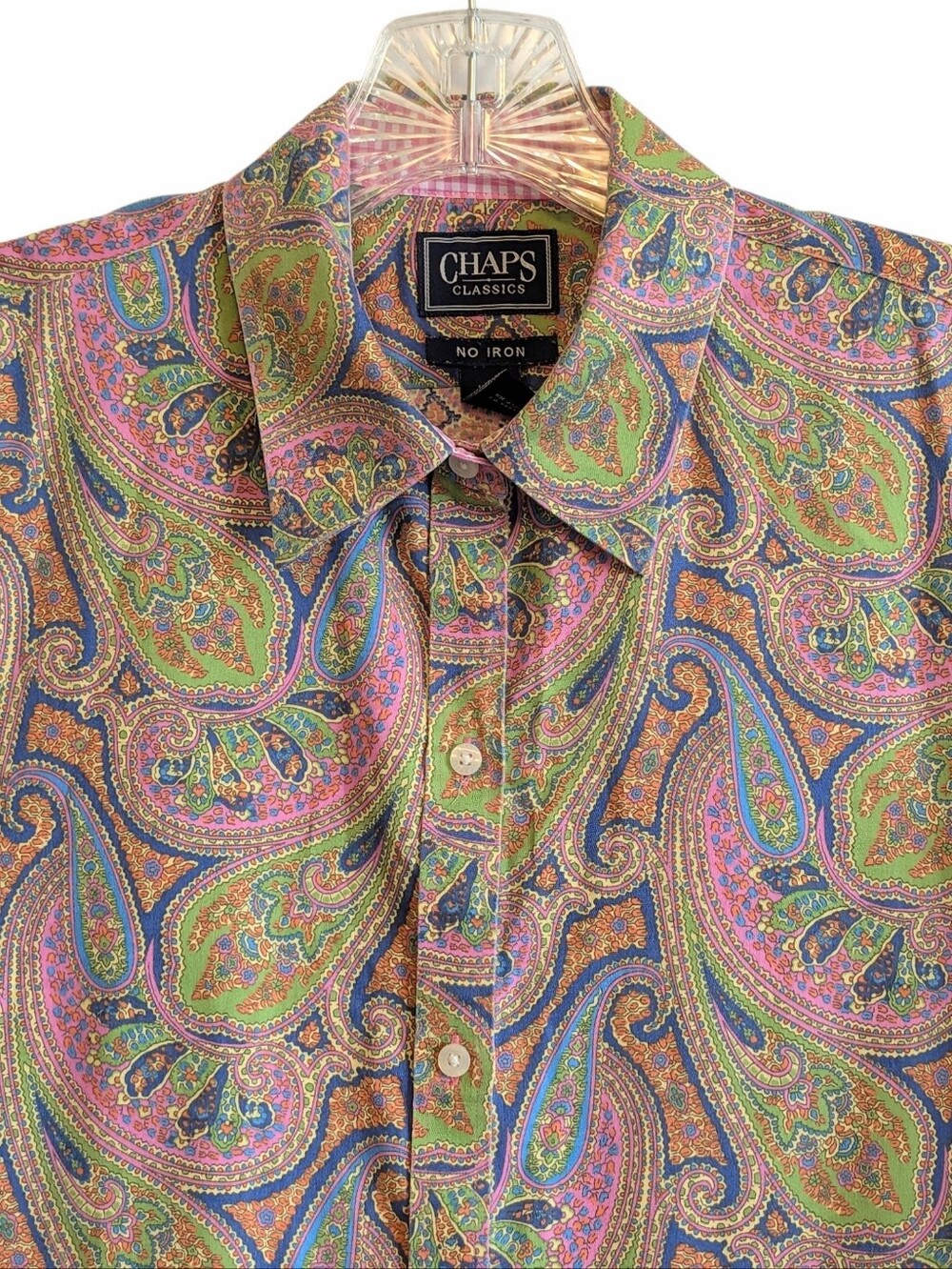 Chaps Classics Paisley Pink Green No Iron Button Down Shirt Size Large Colorful